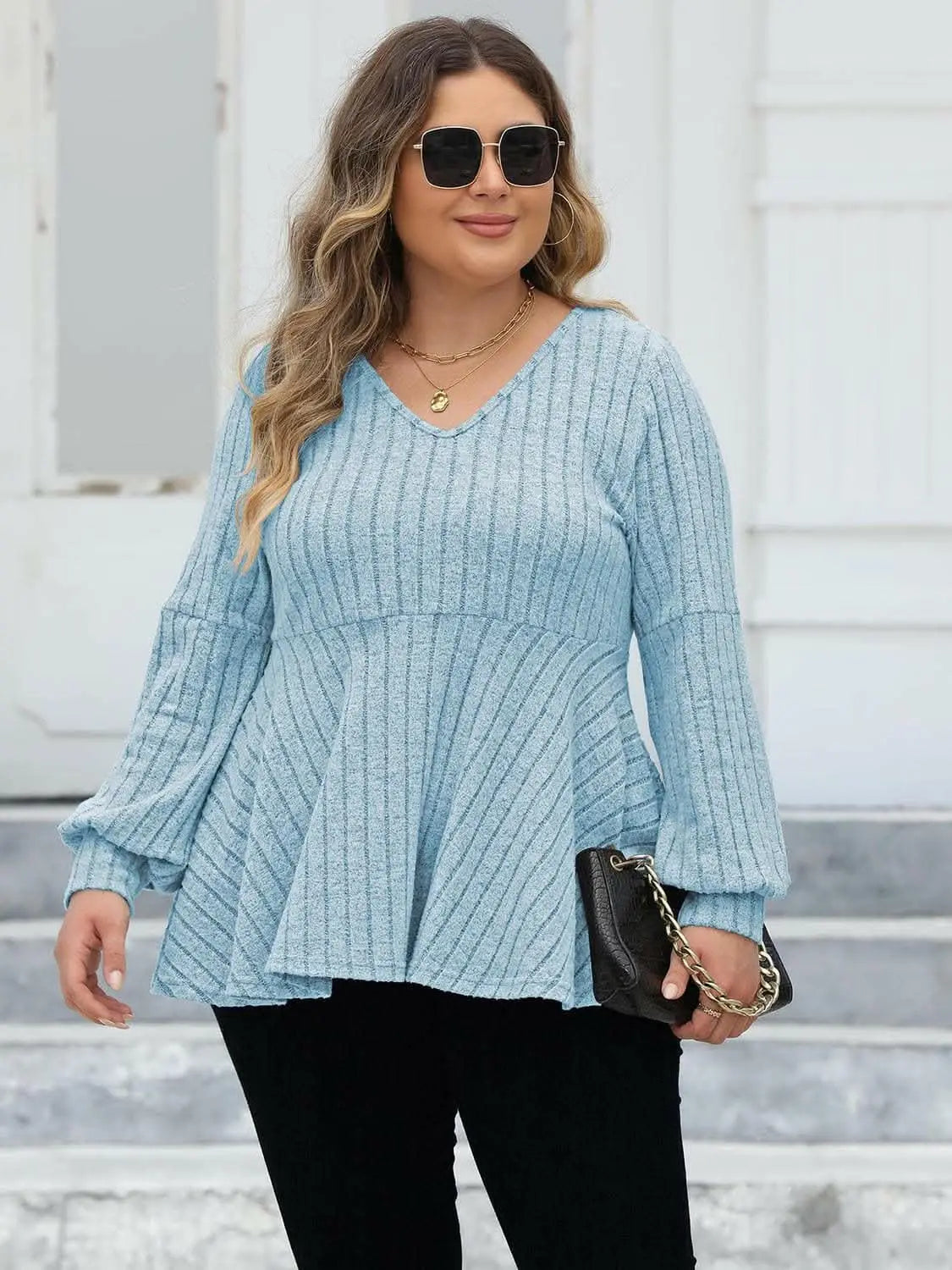 Curvy ribbed v-neck top L-3XL - Love Salve
